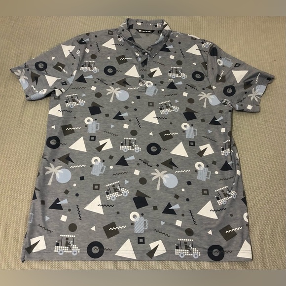 Travis Mathew‎ Golf Polo Shirt Sport Mens Size 2XL Grey Abstract Golf Cart Print - Picture 1 of 7